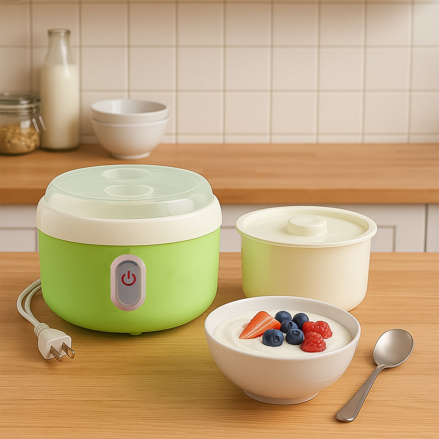 Green Electric Yogurt Maker used in all kinds of household and kitchen places for making yoghurt. Green Electric Yogurt Maker used in all kinds of household and kitchen places for making yoghurt.